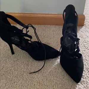 black strapped heels